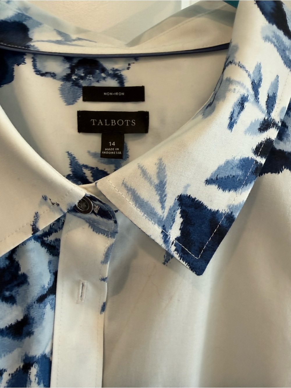 Talbots White Shirt with Blue Watercolor Floral Print